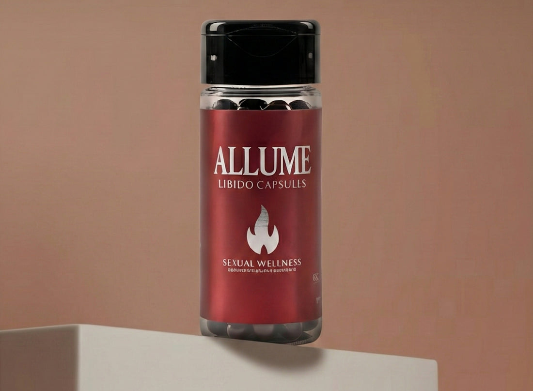 Bottle of allume libido capsules on a pedestal.