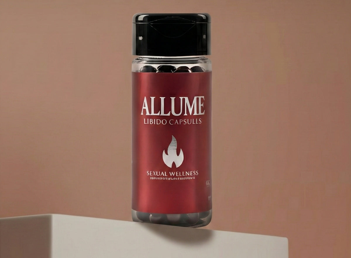 Bottle of allume libido capsules on a pedestal.