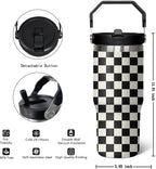 30 Oz Black and white Checkered FlipTumbler with Handle Lid and Straw, Checkered Tumbler Water Bottle Travel Coffee Cup Mug,Checkered Gifts for Women Men