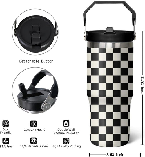 30 Oz Black and white Checkered FlipTumbler with Handle Lid and Straw, Checkered Tumbler Water Bottle Travel Coffee Cup Mug,Checkered Gifts for Women Men