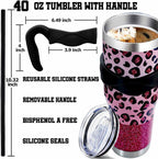 Sunmdecor Pink Leopard Print Tumbler with Handle and Silicone Straws - 40 Oz Cheetah Insulated Tumbler - Leopard Cup Gift for Women