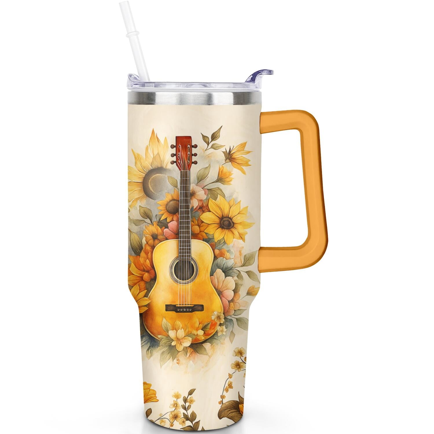 1pc Sunflower 40oz Tumbler with Straw & Handle - Insulated Stainless Steel Cup | Holiday Gift for - Tumbler