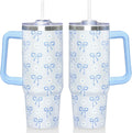 30 Oz Blue Bow Tumbler with Handle and Straw, Insulated Stainless Steel Coffee Travel Cup Mug Water Bottle, Blue Bow Themed Gifts for Women Teen Girl