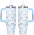 30 Oz Blue Bow Tumbler with Handle and Straw, Insulated Stainless Steel Coffee Travel Cup Mug Water Bottle, Blue Bow Themed Gifts for Women Teen Girl