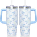 30 Oz Blue Bow Tumbler with Handle and Straw, Insulated Stainless Steel Coffee Travel Cup Mug Water Bottle, Blue Bow Themed Gifts for Women Teen Girl