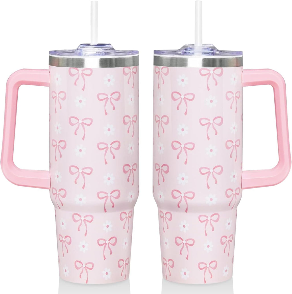 30 Oz Blue Bow Tumbler with Handle and Straw, Insulated Stainless Steel Coffee Travel Cup Mug Water - Tumbler
