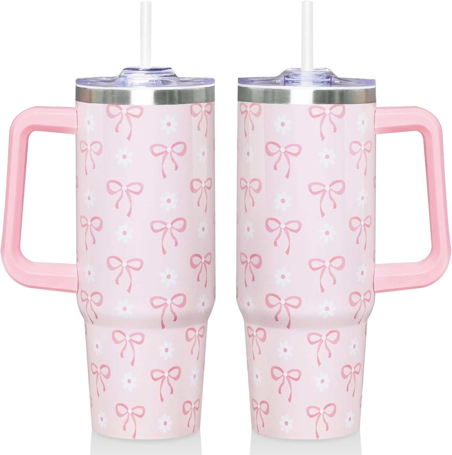 30 Oz Blue Bow Tumbler with Handle and Straw, Insulated Stainless Steel Coffee Travel Cup Mug Water - Tumbler
