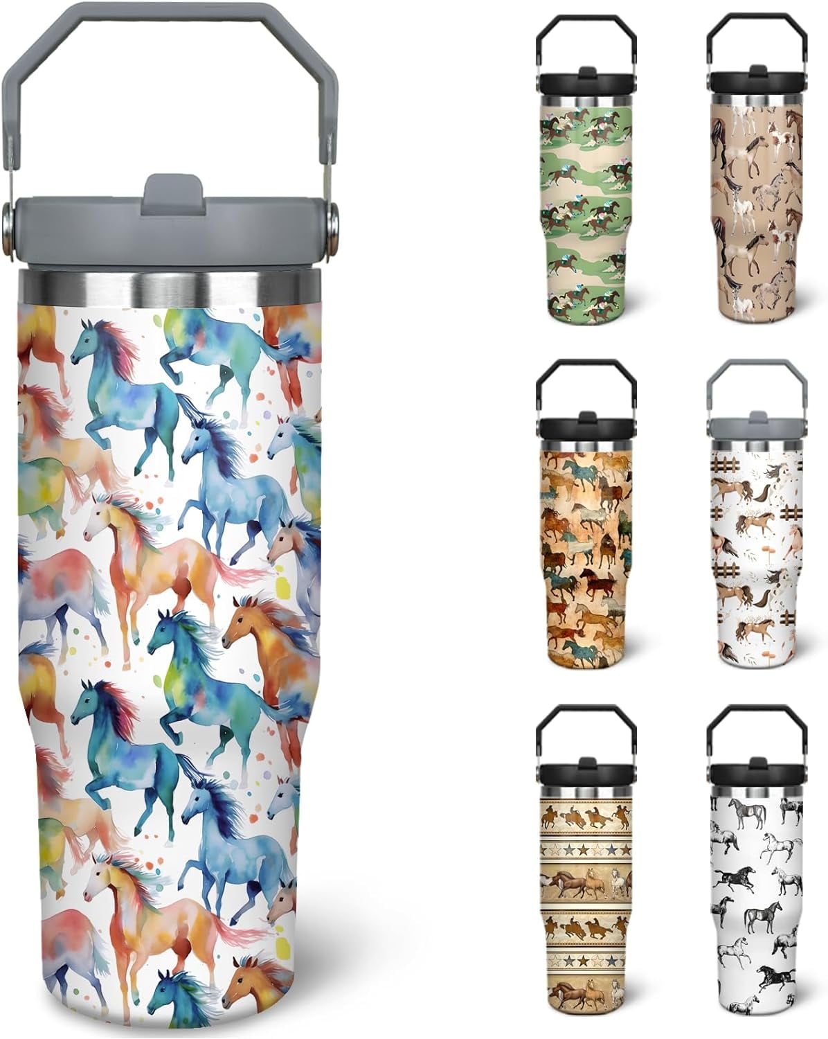 30 oz Horse Tumbler With Handle and Straw, 30oz Horse Flip Straw Tumbler Insulated Coffee Travel Mugs - Tumbler