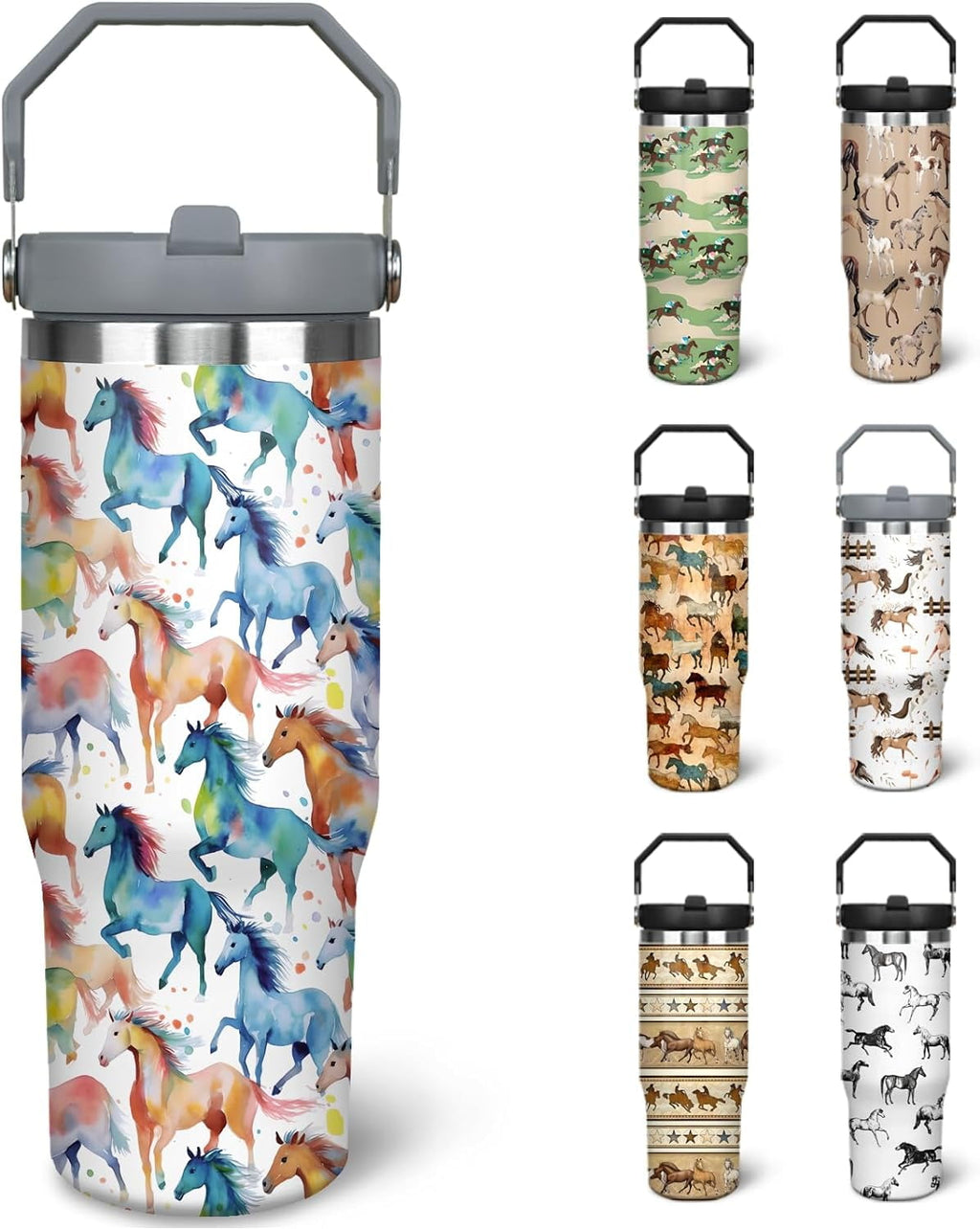 30 oz Horse Tumbler With Handle and Straw, 30oz Horse Flip Straw Tumbler Insulated Coffee Travel Mugs Cup Water Bottle Horse Gifts for Horse Lovers Women Girls - Tumbler