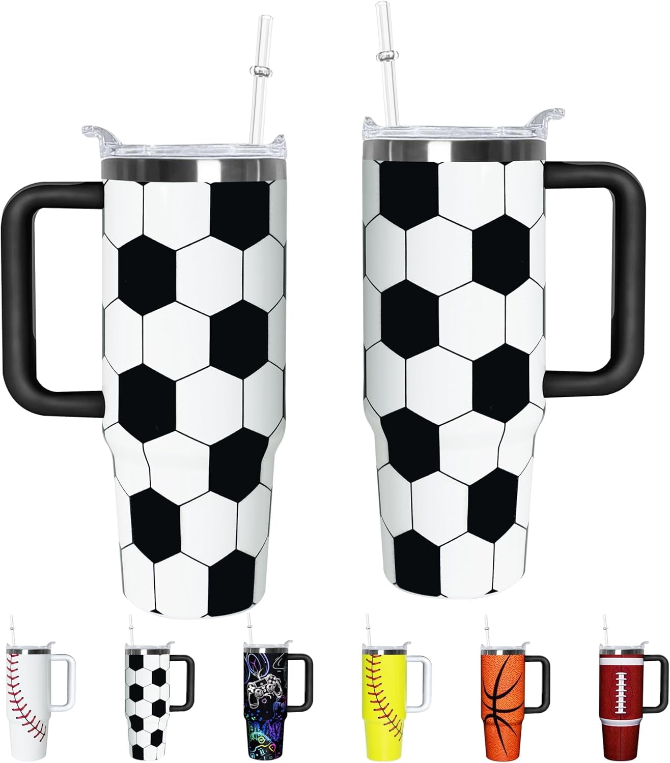 Football Lover Gift 30 oz Flip Straw Tumbler with Top Handle Football Pattern BPA-Free Leak Proof Stainless - Tumbler