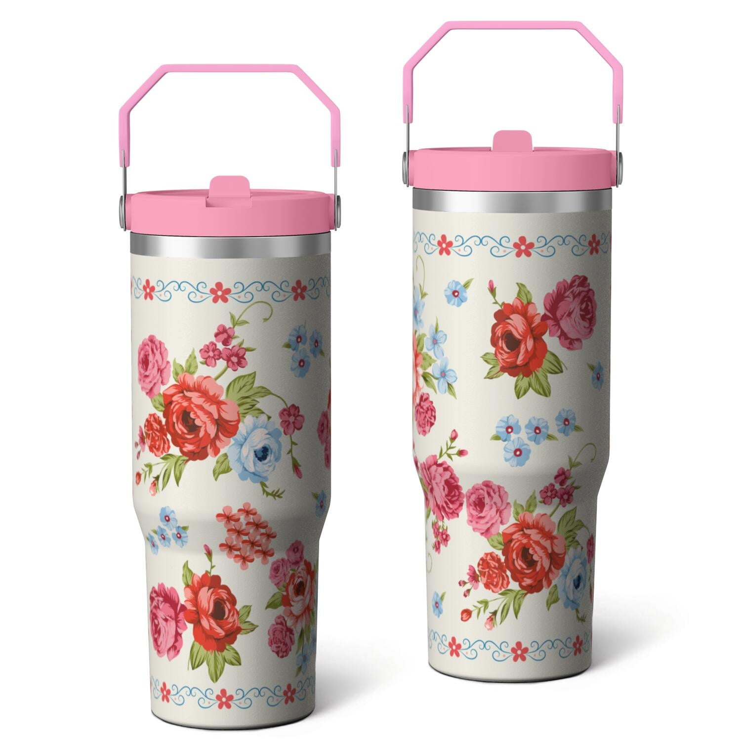 30oz Pioneer Colorful Floral Stainless Steel Flip Straw Tumbler with Lid and Straw Spill Proof Travel Cup Double Wall Vacuum Insulated Coffee Mug with Top Handled Pink - Tumbler