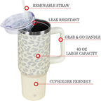 40oz Tumbler with Handle and Straw Lid | Vacuum Insulated Leak Proof Tumbler | Stainless Steel Travel Mug Water Bottle Cup Keeps Cold & Hot | Cream Leopard