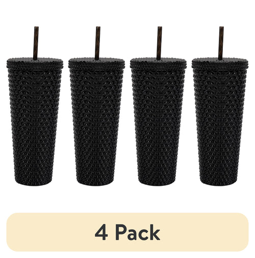 (4 pack) Mainstays 26-Ounce Capacity Plastic Double Wall Insulated Iridescent Textured Tumbler with Straw, Black