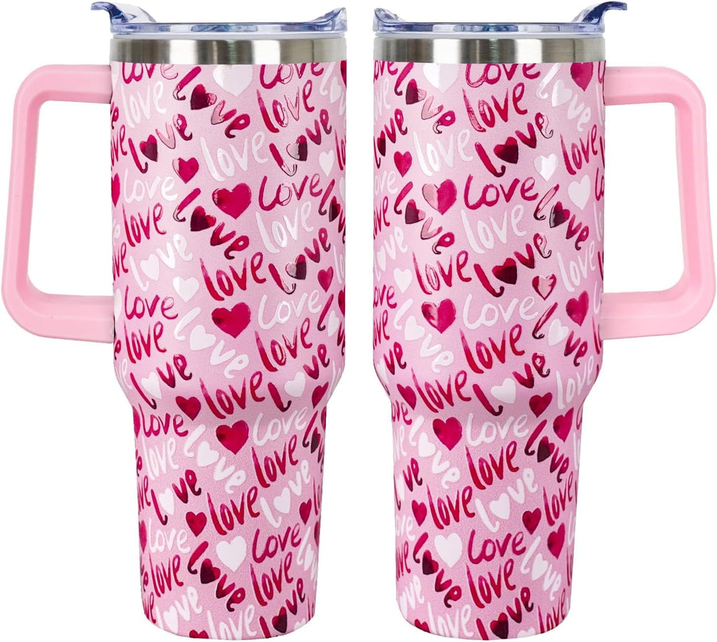 40 Oz Valentines Day Tumbler 3d-Printed Pink Love Tumbler Gifts for Couple Women Men Insulated Travel Cup with Handle Lid and Straw