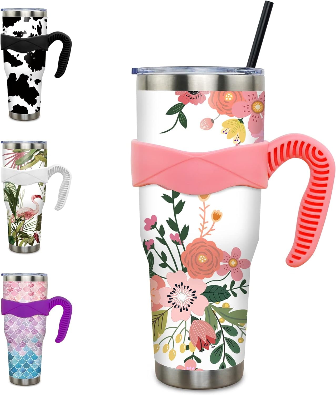40 oz Tumbler with Handle and Straw 40oz Blue Purple Butterfly Cup Insulated Coffee Travel Mug Spill - Tumbler
