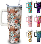 40oz Cute Highland Cow Tumbler with Handle and Straw, Animal Lovers Gifts for Women, Cattle Stainless Steel Travel Mug Water Bottle, Vacuum Insulated Cup with Lid