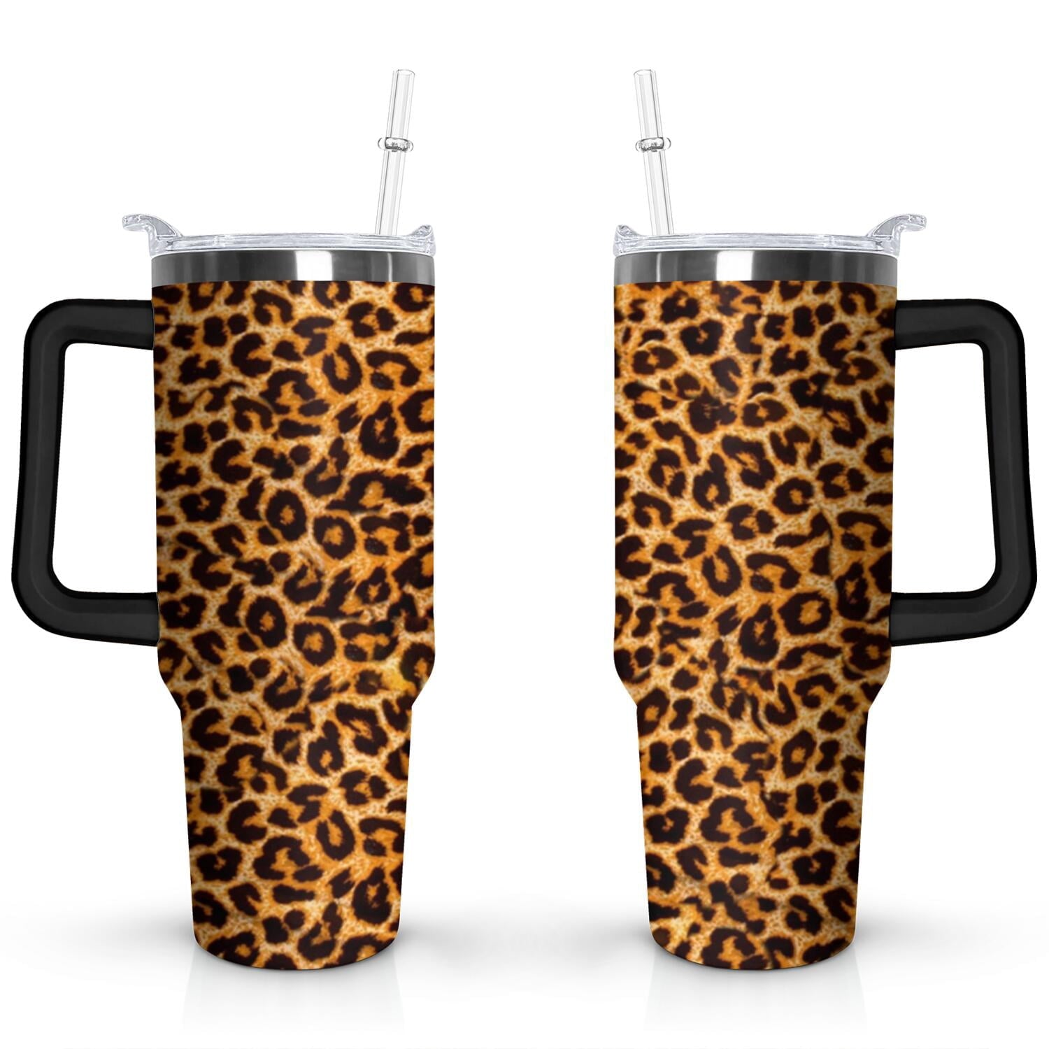 40oz Fashion Leopard Pattern Stainless Steel Flip Straw Tumbler Spill Proof Travel Cup Double Wall Vacuum Insulated - Tumbler