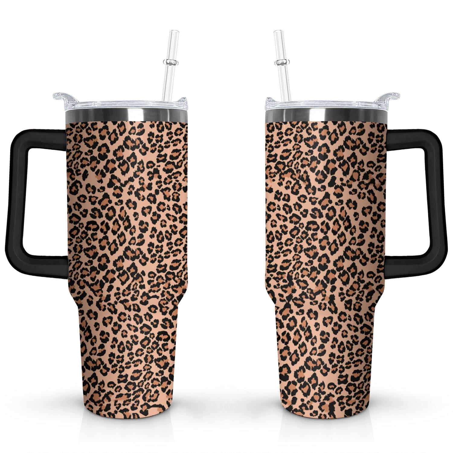 40oz Fashion Leopard Pattern Stainless Steel Flip Straw Tumbler Spill Proof Travel Cup Double Wall Vacuum Insulated Coffee Mug with Top Handle