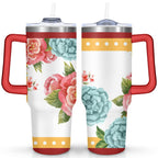 40oz Pioneer Colorful Floral Stainless Steel Flip Straw Tumbler with Lid and Straw Spill Proof Travel Cup Double Wall Vacuum Insulated Coffee Mug with Handle Red - Tumbler