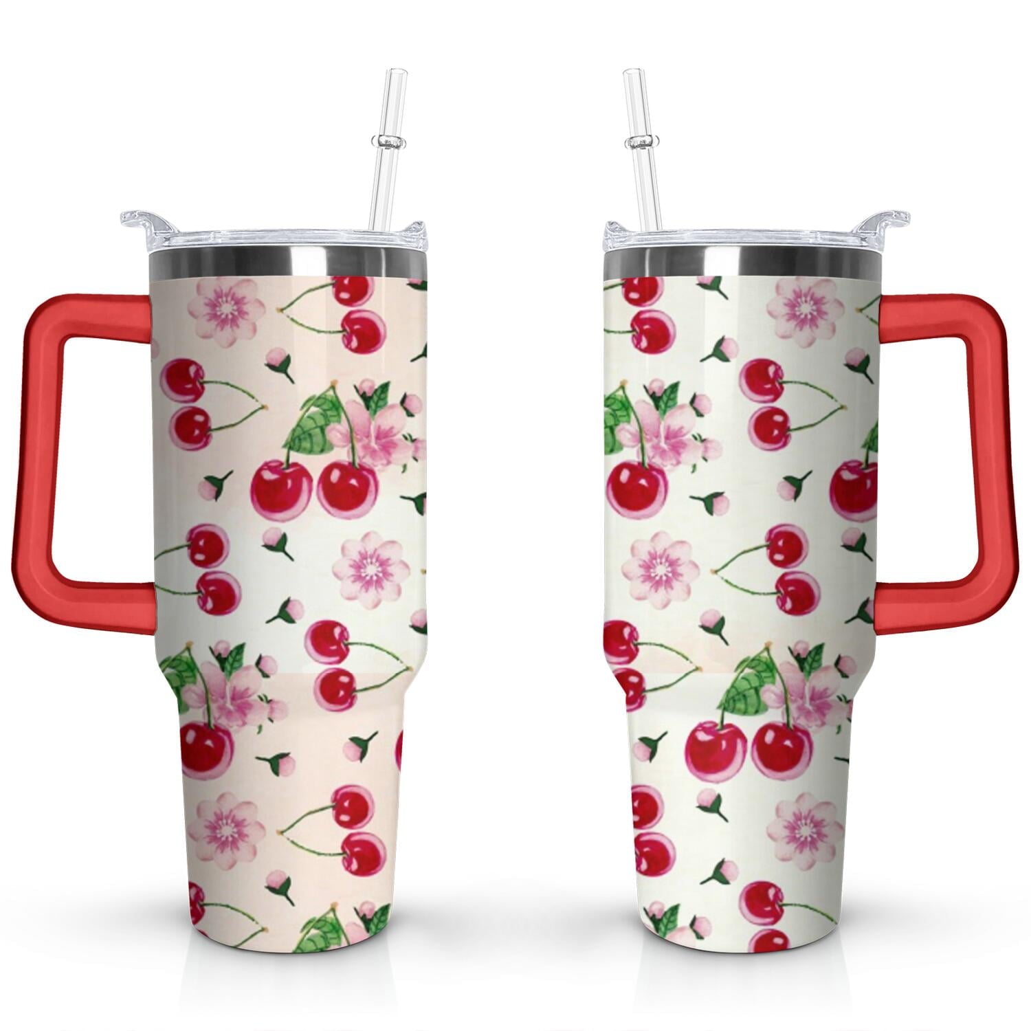 40oz Red Cherry Fruit Pattern Stainless Steel Flip Straw Tumbler Spill Proof Travel Cup Double Wall Vacuum - Tumbler