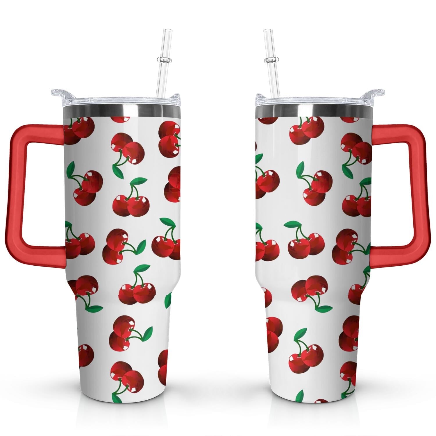 40oz Red Cherry Fruit Pattern Stainless Steel Flip Straw Tumbler Spill Proof Travel Cup Double Wall Vacuum - Tumbler