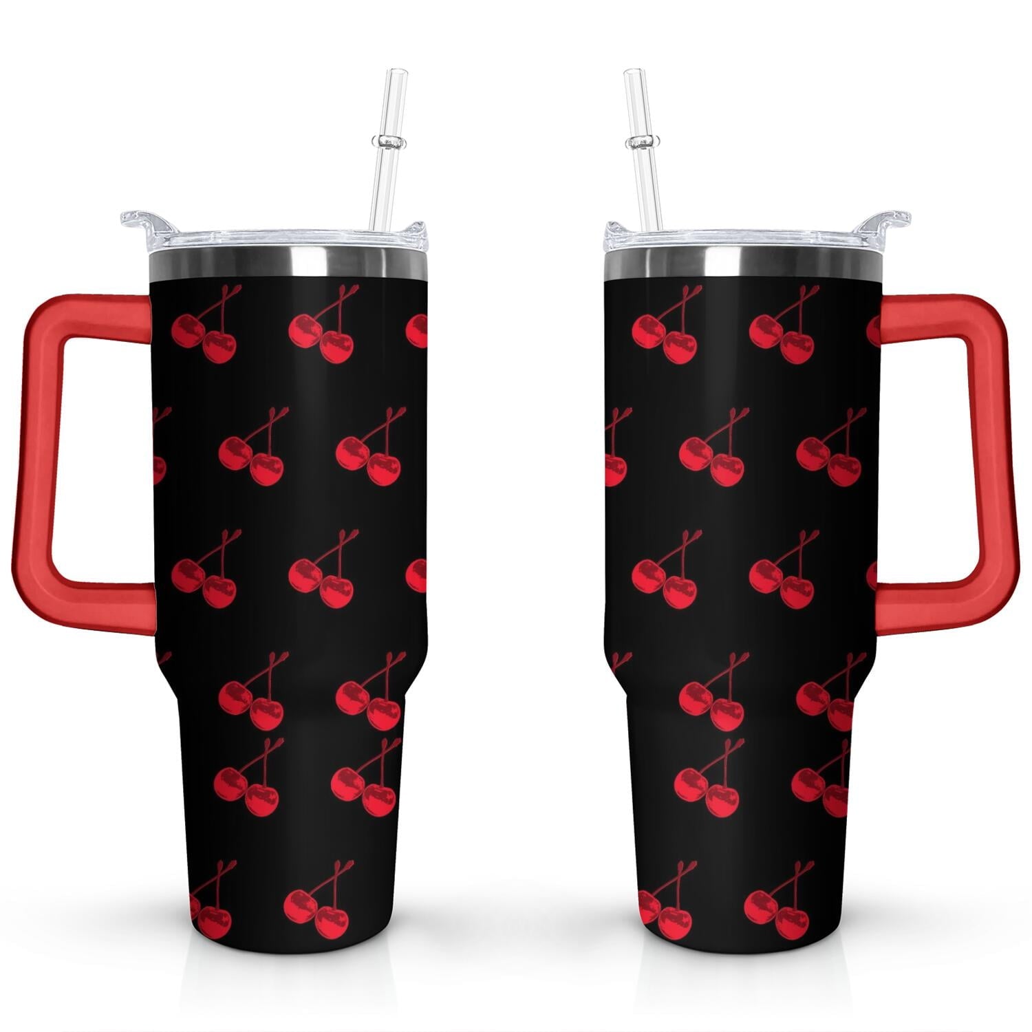 40oz Red Cherry Fruit Pattern Stainless Steel Flip Straw Tumbler Spill Proof Travel Cup Double Wall Vacuum - Tumbler