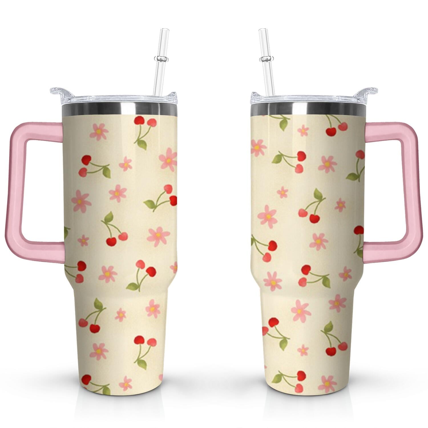 40oz Red Cherry Fruit Pattern Stainless Steel Flip Straw Tumbler Spill Proof Travel Cup Double Wall Vacuum - Tumbler