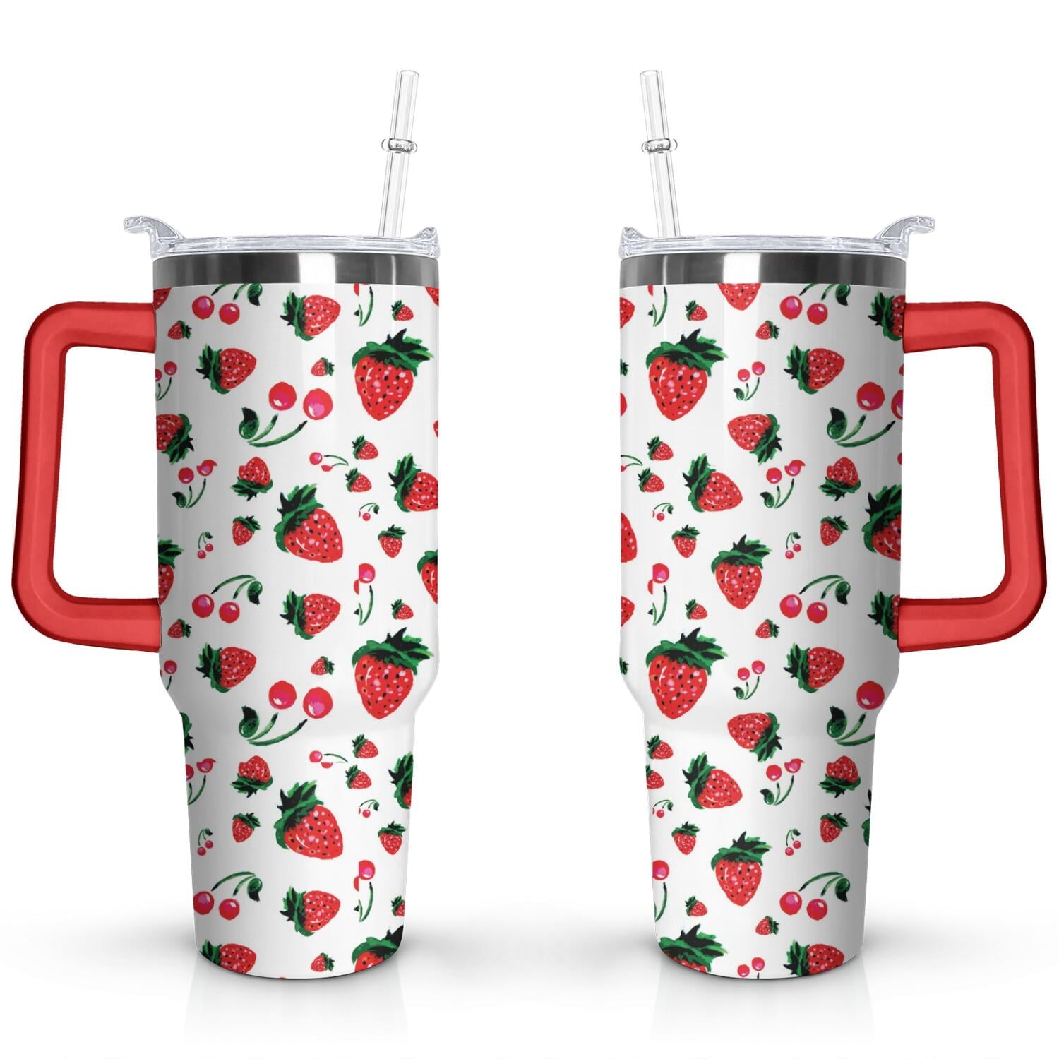 40oz Red Cherry Fruit Pattern Stainless Steel Flip Straw Tumbler Spill Proof Travel Cup Double Wall Vacuum - Tumbler