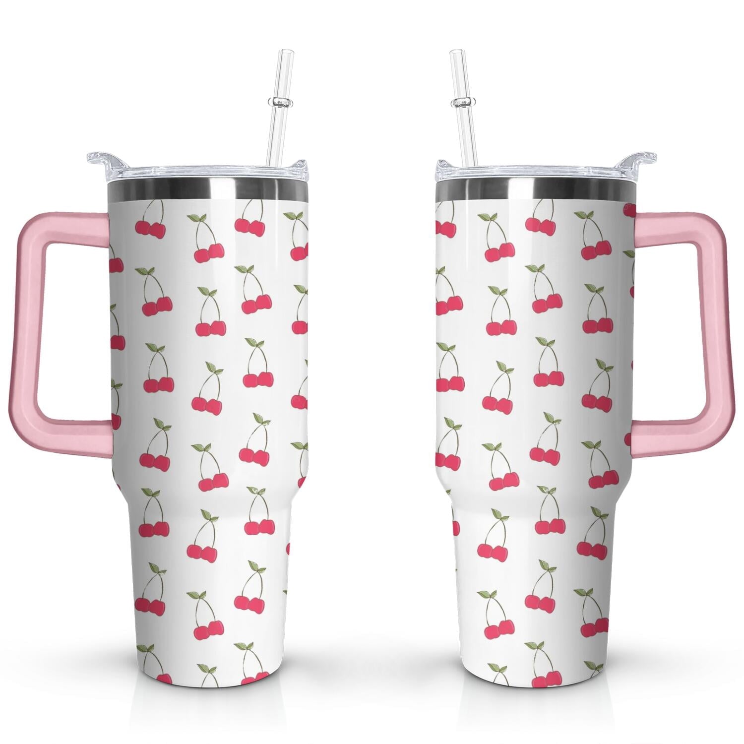 40oz Red Cherry Fruit Pattern Stainless Steel Flip Straw Tumbler Spill Proof Travel Cup Double Wall Vacuum - Tumbler