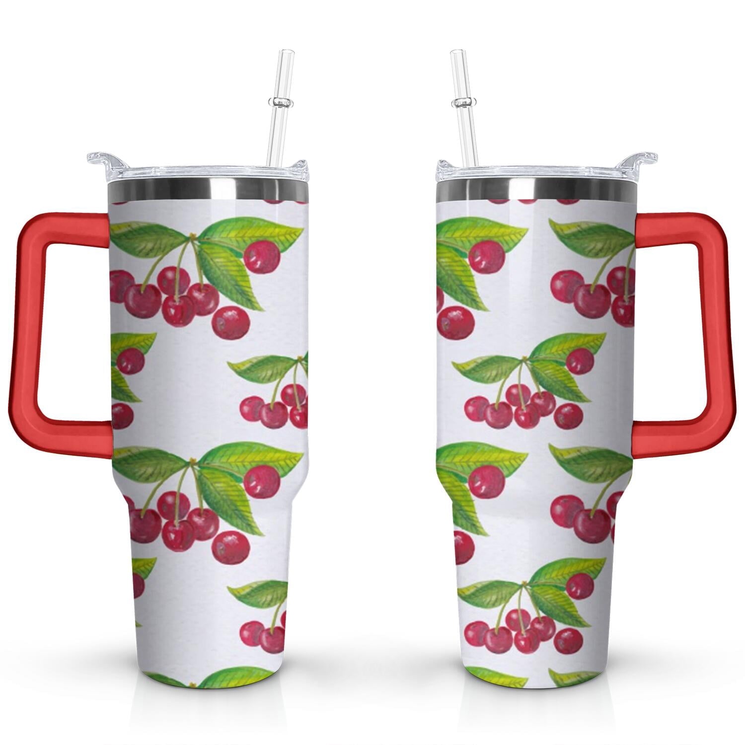 40oz Red Cherry Fruit Pattern Stainless Steel Flip Straw Tumbler Spill Proof Travel Cup Double Wall Vacuum - Tumbler