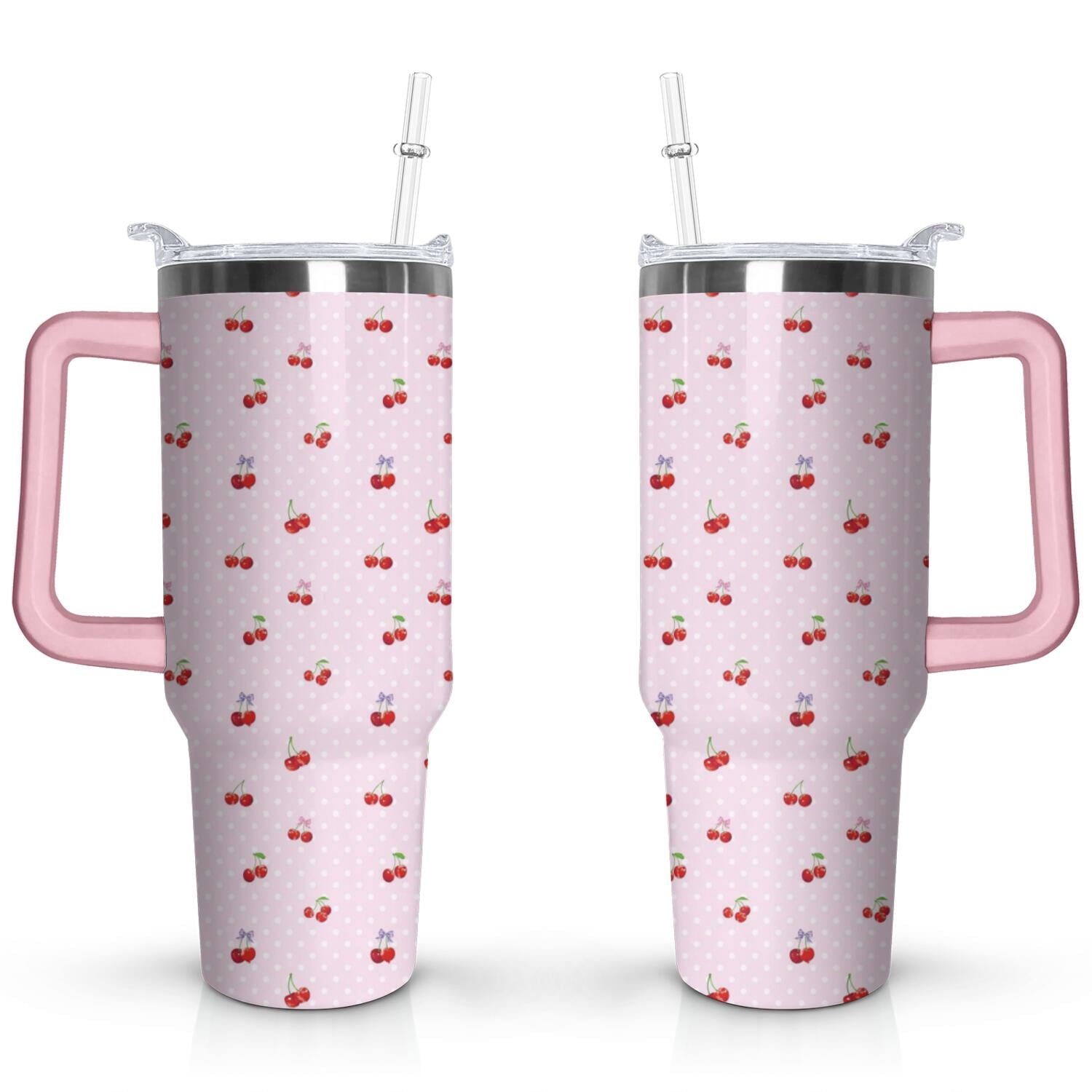 40oz Red Cherry Fruit Pattern Stainless Steel Flip Straw Tumbler Spill Proof Travel Cup Double Wall Vacuum - Tumbler