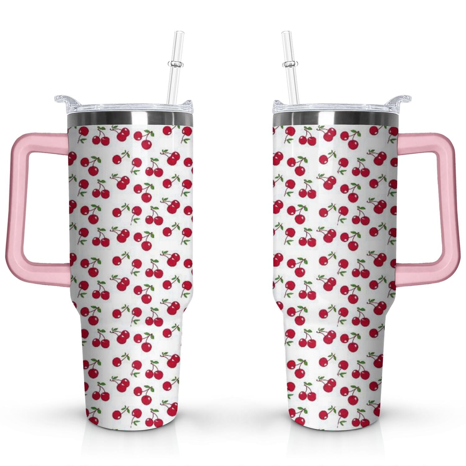 40oz Red Cherry Fruit Pattern Stainless Steel Flip Straw Tumbler Spill Proof Travel Cup Double Wall Vacuum - Tumbler