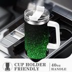 Ombre Leopard Glitter 40 oz Insulated Double Wall Stainless Steel Tumbler with Handle and Straw, Lid, Large Travel Mug Fits in Cup Holder, Cup Gift for Women(Green)