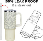 40oz Tumbler with Handle and Straw Lid | Vacuum Insulated Leak Proof Tumbler | Stainless Steel Travel Mug Water Bottle Cup Keeps Cold & Hot | Cream Leopard