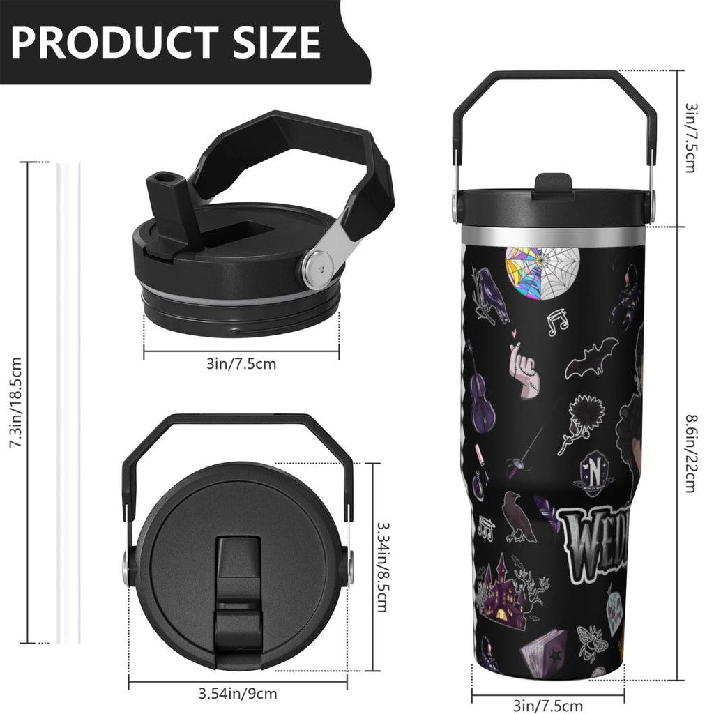 30oz Wednesday Girl Stainless Steel Tumbler with Lid and Straw,Wednesday Stuff Merchandise Spill Proof Travel Cup Double Wall Vacuum Insulated Coffee Mug with Top Handle Black