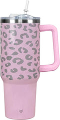 40oz Tumbler with Handle and Straw Lid | Vacuum Insulated Leak Proof Tumbler | Stainless Steel Travel Mug Water Bottle Cup Keeps Cold & Hot | Cream Leopard - Tumbler