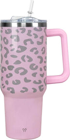 40oz Tumbler with Handle and Straw Lid | Vacuum Insulated Leak Proof Tumbler | Stainless Steel Travel Mug Water Bottle Cup Keeps Cold & Hot | Cream Leopard - Tumbler