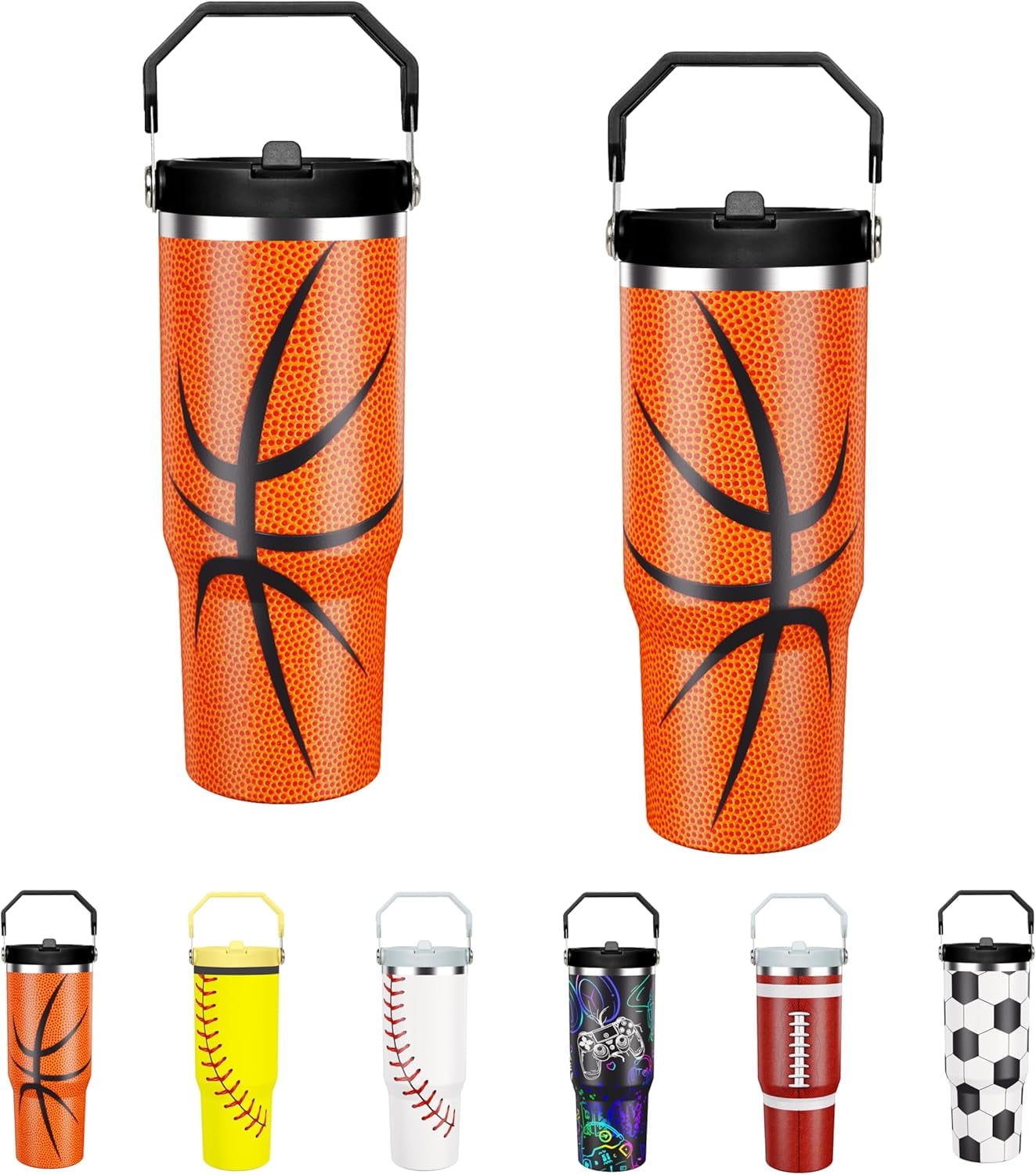 Football Lover Gift 30 oz Flip Straw Tumbler with Top Handle Football Pattern BPA-Free Leak Proof Stainless - Tumbler