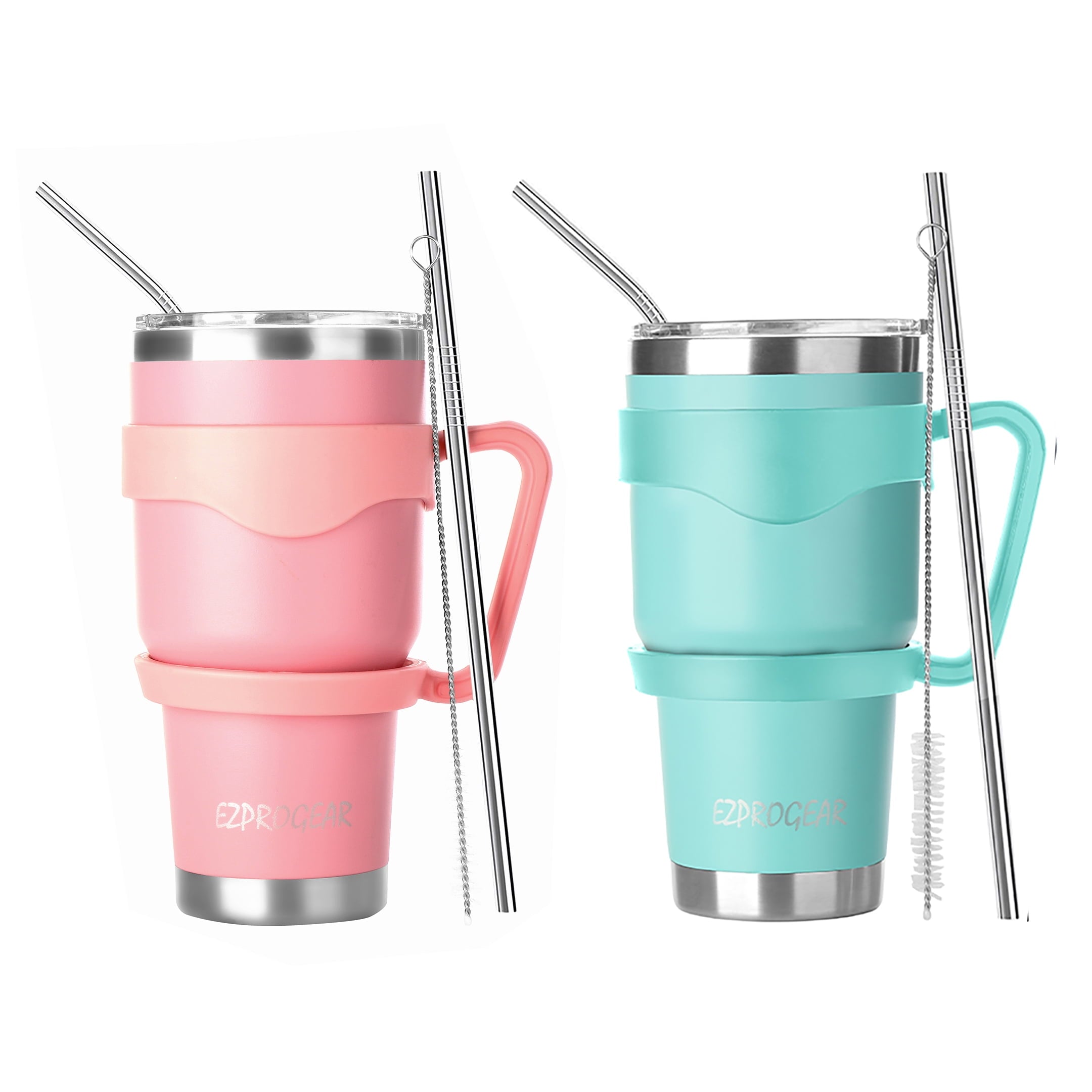 Ezprogear 30 oz 2 Pack Stainless Steel Tumbler Double Wall Travel Cup Vacuum Insulated Coffee Mug with Handle & Straws (Mango & Mint) - Tumbler