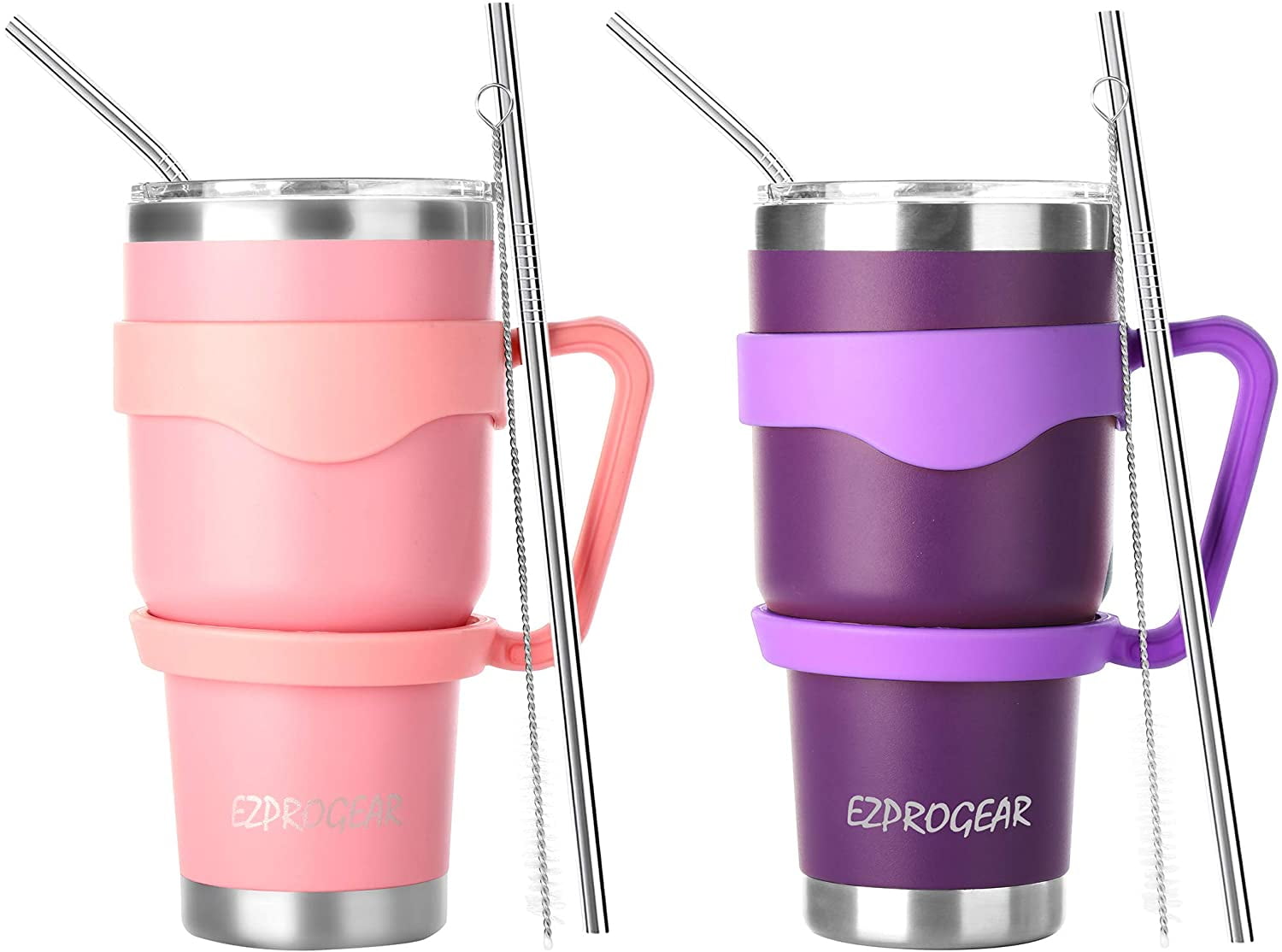 Ezprogear 30 oz 2 Pack Stainless Steel Tumbler Double Wall Travel Cup Vacuum Insulated Coffee Mug with Handle & Straws (Mango & Mint) - Tumbler