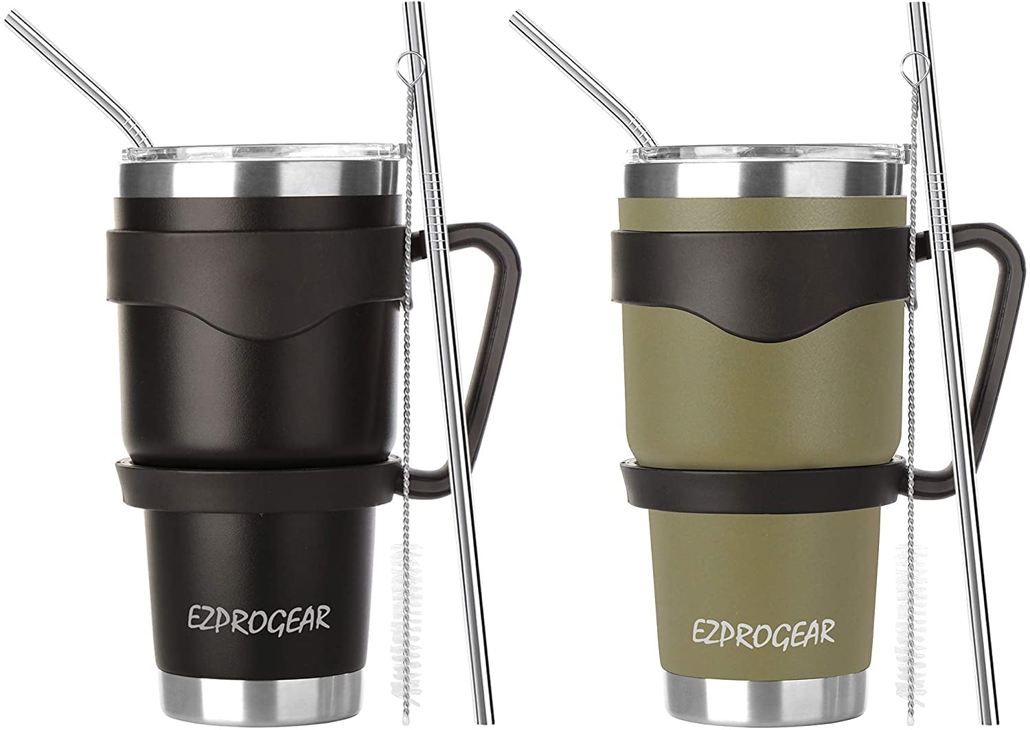 Ezprogear 30 oz 2 Pack Stainless Steel Tumbler Double Wall Travel Cup Vacuum Insulated Coffee Mug with Handle & Straws (Mango & Mint) - Tumbler