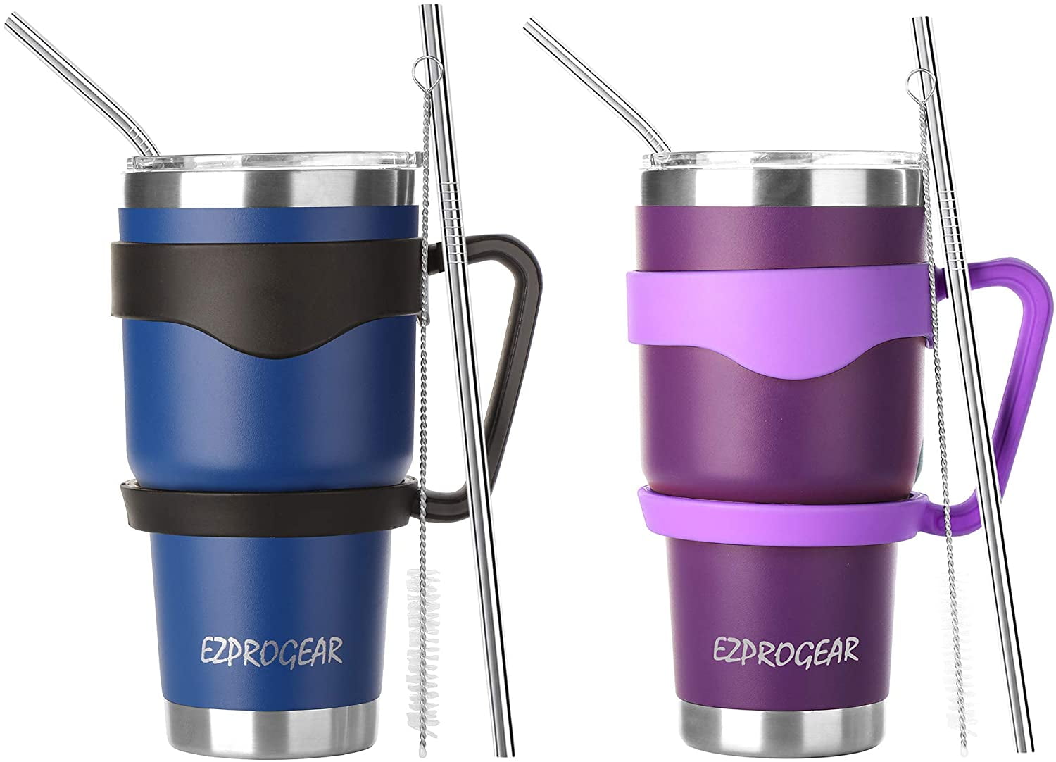 Ezprogear 30 oz 2 Pack Stainless Steel Tumbler Double Wall Travel Cup Vacuum Insulated Coffee Mug with Handle & Straws (Mango & Mint) - Tumbler