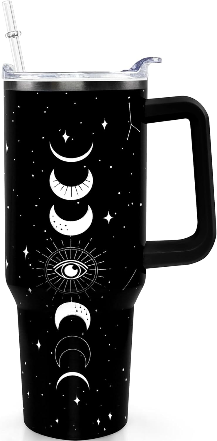 40oz Goth Gothic Tumbler with Handle and Straw, Stainless Steel Vacuum Insulated Flip Straw Butterfly Moon Tumbler, - Tumbler