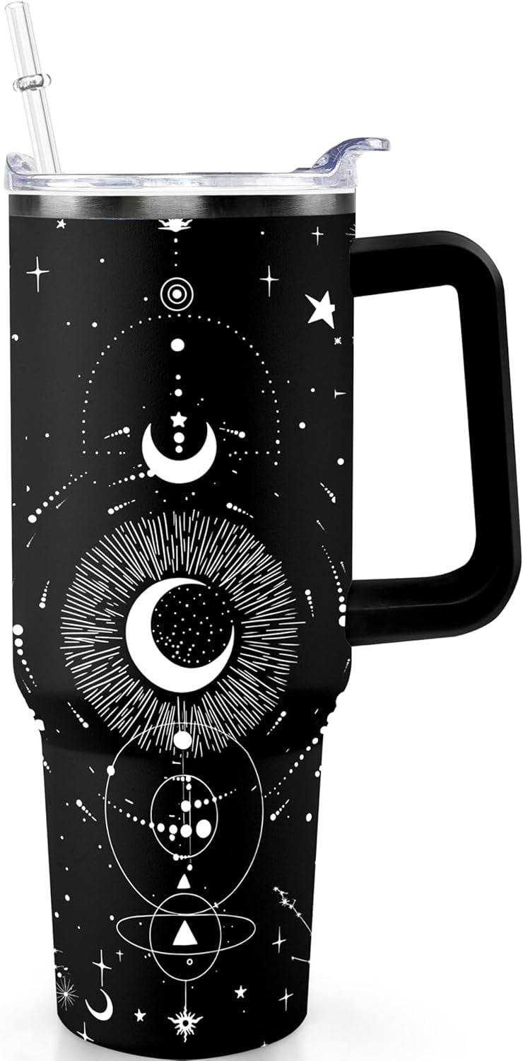 40oz Goth Gothic Tumbler with Handle and Straw, Stainless Steel Vacuum Insulated Flip Straw Butterfly Moon Tumbler, - Tumbler