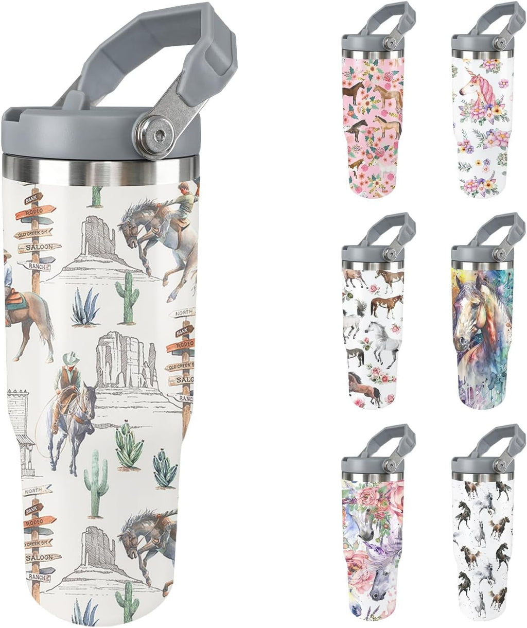 Horse Tumbler with Lid and Straw Stainless Steel Tumblers 30 Oz Insulated Horse Water Bottle Tie Dye Cup Mug with Handle Horse Gifts for Women Men Gift for Horse Lovers - Tumbler