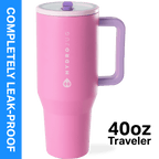 HydroJug Traveler 40 oz Water Bottle, Stainless Steel Insulated Tumbler with Flip Straw and Handle - Pink - Tumbler
