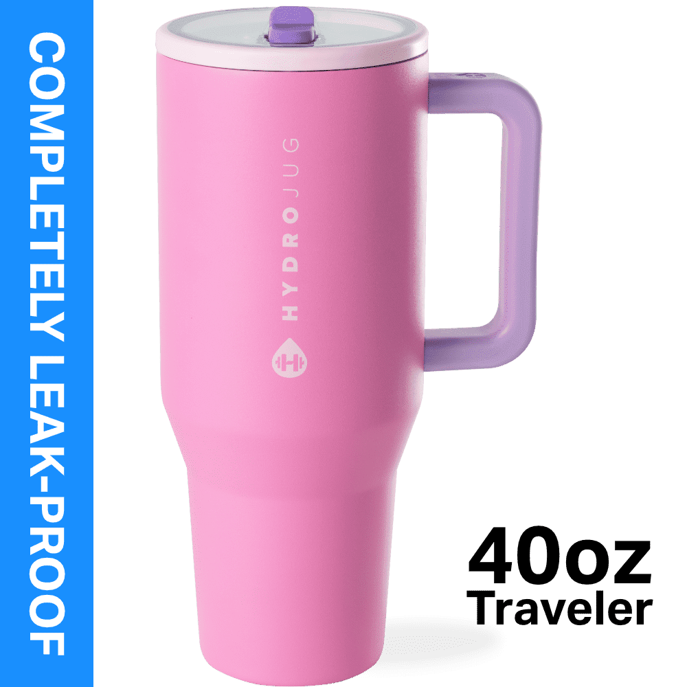 HydroJug Traveler 40 oz Water Bottle, Stainless Steel Insulated Tumbler with Flip Straw and Handle - Pink - Tumbler
