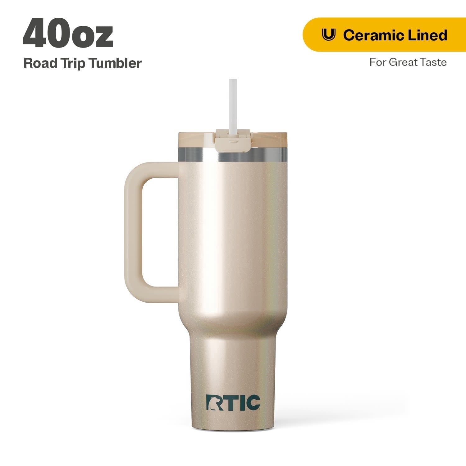 RTIC 40 oz Ceramic Lined Road Trip Tumbler with Handle and Leak-Resistant Straw Lid, Beach