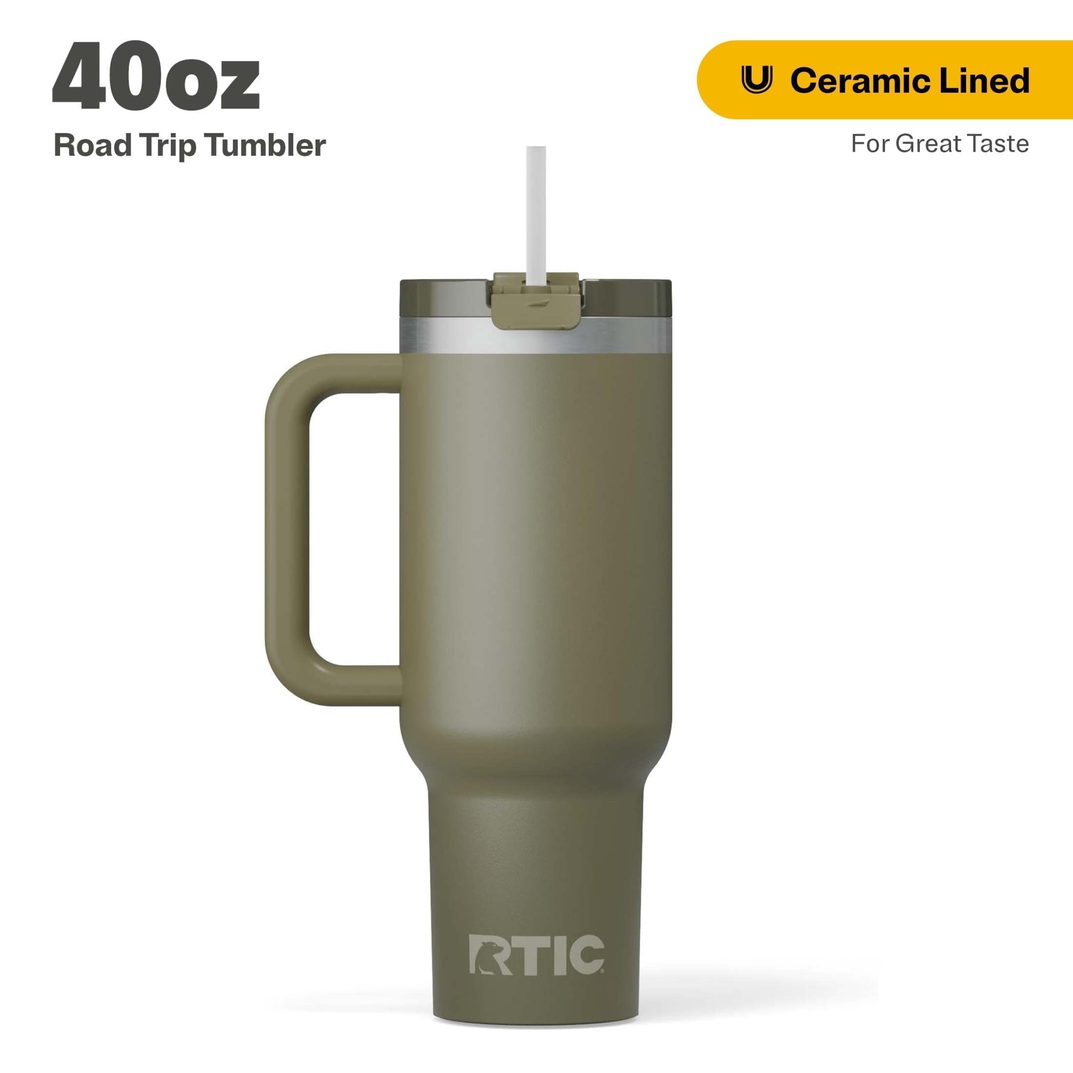 RTIC 40 oz Ceramic Lined Road Trip Tumbler with Handle and Leak-Resistant Straw Lid, White Glitter - Tumbler