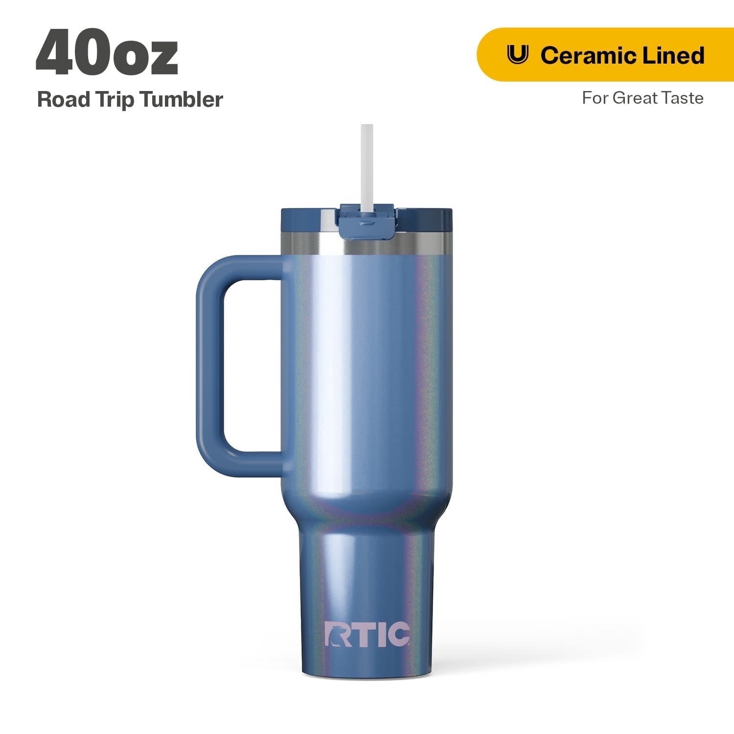 RTIC 40 oz Ceramic Lined Road Trip Tumbler with Handle and Leak-Resistant Straw Lid, White Glitter - Tumbler